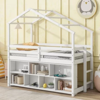 Kumix Loft Bed with Under Bed Shelving Storage Unit, Wooden House Loft Bed Twin with Roof Frame, Full-Length Guardrails, Ladder for Kids Teens Adults, No Box Spring Needed, Noise-Free, White