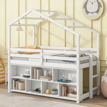 Kumix Loft Bed with Under Bed Shelving Storage Unit, Wooden House Loft Bed Twin with Roof Frame, Full-Length Guardrails, Ladder for Kids Teens Adults, No Box Spring Needed, Noise-Free, White