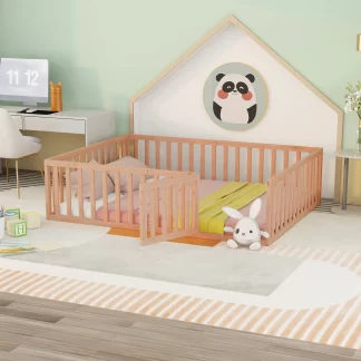 Kumix Queen Floor Bed for Kids with Fence and Door, Wood Floor Bed Frame for Toddler 1-3 Aged, Noise-Free Low Floor Bed for Bedroom, Dorm, No Weight Capacity Limit, Easy Assembly, Natural
