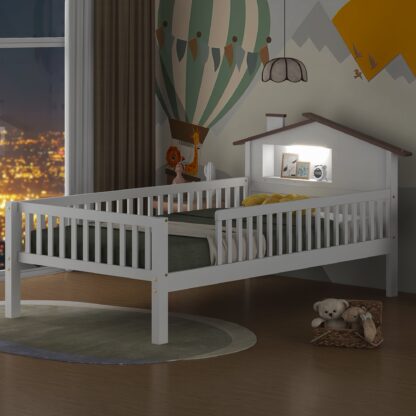 Kumix Platform Bed with House-shaped Headboard, LED and Built-in Storage, Wood Twin Size House Bed with Slats Support for Kids Teens Boys/Girls, No Box Spring Needed, Noise-Free, White