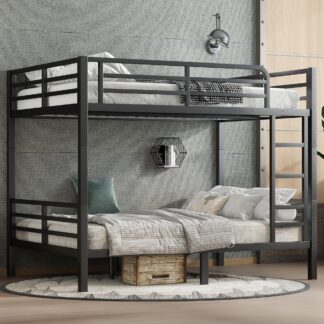 Kumix Bunk Bed Full over Full, Metal Bunk Bed with Full-Length Guardrail and Build-in Ladder, Under Bed Space for Kids Teens Adults, Bunk Bed Able to Split/Space-Saving/Noise Reduced, Black