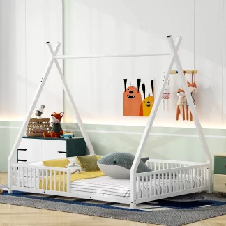 Kumix Floor Bed with Triangle Structure and Fence Guardrail, Full Size House Platform Bed, Metal Tent Floor Bed for Kids Boys/Girls, Heavy Duty Floor Bed for Bedroom, Easy Assembly, White