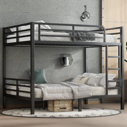 Kumix Bunk Bed Full over Full, Metal Bunk Bed with Full-Length Guardrail and Build-in Ladder, Under Bed Space for Kids Teens Adults, Bunk Bed Able to Split/Space-Saving/Noise Reduced, Black