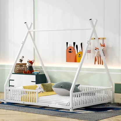Kumix Floor Bed with Triangle Structure and Fence Guardrail, Full Size House Platform Bed, Metal Tent Floor Bed for Kids Boys/Girls, Heavy Duty Floor Bed for Bedroom, Easy Assembly, White