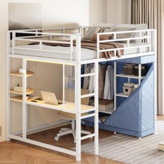 Kumix Loft Bed Full Size, Metal Loft Bed with Desk, Shelves, Power Outlet, LED Light and Wardrobe for Kids Teens Adults, Heavy Duty Loft Bed Frame with Guardrail and Ladder, Noise-Free, White