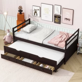 Kumix Twin Size Bed with Trundle and 3 Storage Drawers, Pine Wood Bed for Kids Teens Adults Guests with Headboard and Footboard, Twin Bed for 2, Easy Assembly, No Box Spring Needed, Espresso