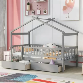 Kumix Wooden House Bed with a Roof Frame and Two Drawers, Twin Size Platform Bed with Slats Support and Fence Guardrail for Kids Teens Boys/Girls, No Box Spring Needed, Noise-Free, Gray