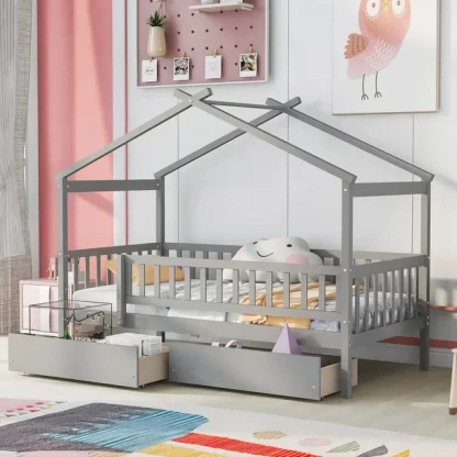 Kumix Wooden House Bed with a Roof Frame and Two Drawers, Twin Size Platform Bed with Slats Support and Fence Guardrail for Kids Teens Boys/Girls, No Box Spring Needed, Noise-Free, Gray