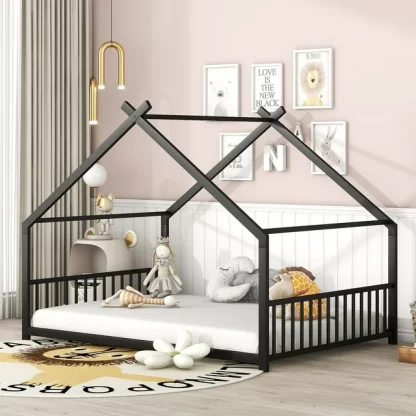 Kumix House Floor Bed, Metal Full Size Floor Bed with Roof Frame, Headboard, Footboard and 13 Slats Support for Kids Young Teens, Heavy Duty Floor Beds Frame for Bedroom, Noise-Free, Black
