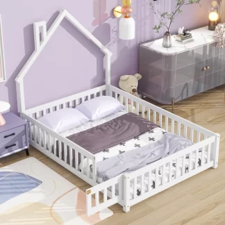 Kumix Floor Bed with Fence and Door House-Shaped Headboard, Full Size Solid Wood Floor Bed for Kids Boys Girls, Heavy Duty Toddler Floor Bed for Bedroom, No Weight Capacity Limit, White