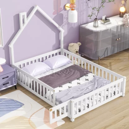 Kumix Floor Bed with Fence and Door House-Shaped Headboard, Full Size Solid Wood Floor Bed for Kids Boys Girls, Heavy Duty Toddler Floor Bed for Bedroom, No Weight Capacity Limit, White