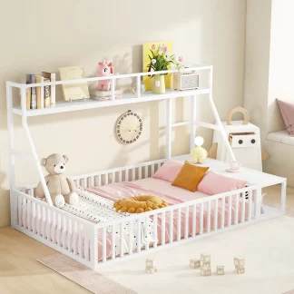 Kumix Floor Bed with Desk and Storage Shelves, Metal Full Size Floor Bed with Safety Fence, Playhouse for Kids, Kids Montessori Floor Bed Frame for Bedroom, without Slats, Easy Assembly, White