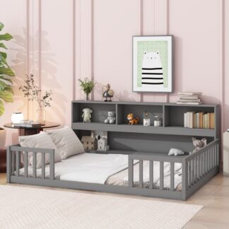 Kumix Floor Bed Full Size with Bedside Bookcase, Shelves, Fence Guardrails, Wood Floor Bed Frame for Kids Boys/Girls, No Weight Capacity Limit, No Box Spring Needed, Easy Assembly, Gray