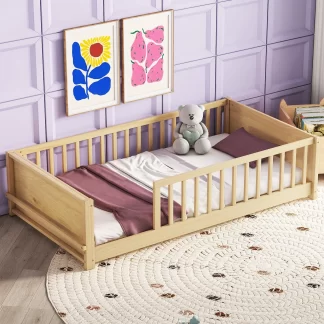 Kumix Floor Bed with Built-in Book Storage Rack, Fence Guardrail, Twin Size Wood Floor Bed for Toddlers 1-3, Montessori Floor Bed for Kids Boys & Girls, Twin Floor Beds, Easy Assembly, Natural