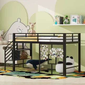 Kumix Loft Bed with Storage Staircase and Iron Mesh, Metal Low Loft Bed Twin Size with Full-Length Guardrail and Stair for Kids Teens Adults, Noise-Free, No Box Spring Needed, Black