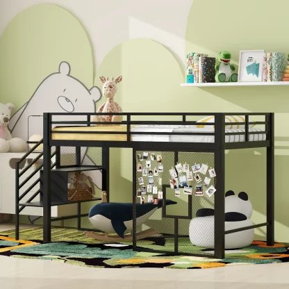 Kumix Loft Bed with Storage Staircase and Iron Mesh, Metal Low Loft Bed Twin Size with Full-Length Guardrail and Stair for Kids Teens Adults, Noise-Free, No Box Spring Needed, Black