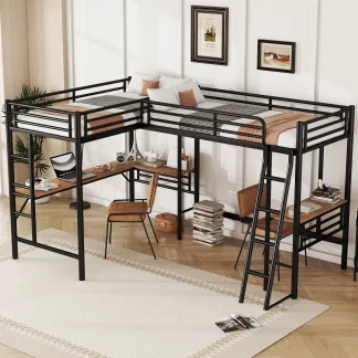 Kumix Loft Beds with Two Built-in Desks, Metal L-Shaped Loft Bed Twin Size with Guardrail and 2 Ladders for Kids Teens Adults, 2 Beds Loft Bed Frame for Bedroom, Easy Assembly, Noise-Free, Black