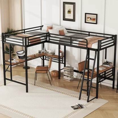 Kumix Loft Beds with Two Built-in Desks, Metal L-Shaped Loft Bed Twin Size with Guardrail and 2 Ladders for Kids Teens Adults, 2 Beds Loft Bed Frame for Bedroom, Easy Assembly, Noise-Free, Black