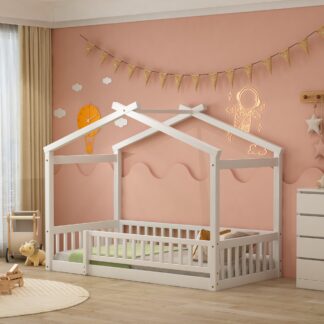 Kumix Floor Bed with Roof, Fence Guardrail, Wooden Twin Size House Bed with Slats Support for Kids Teens, Girls, Boys, Toddler Floor Bed for Bedroom, No Box Spring Needed, Easy Assembly, White