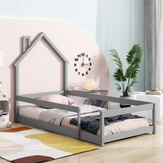 Kumix Twin Floor Bed with House-shaped Headboard and Fences for Kids Teens Boys/Girls, Wood Floor Bed for Toddler 1-3 Aged, No Weight Capacity Limit, Noise-Free, Easy Assembly, Gray