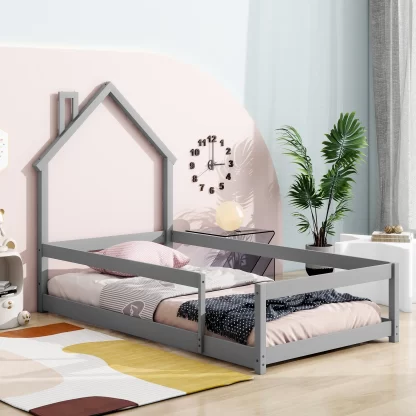 Kumix Twin Floor Bed with House-shaped Headboard and Fences for Kids Teens Boys/Girls, Wood Floor Bed for Toddler 1-3 Aged, No Weight Capacity Limit, Noise-Free, Easy Assembly, Gray