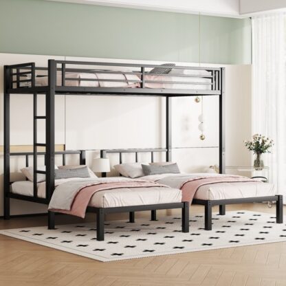 Kumix Triple Bunk Bed for 3, Metal Bunk Bed Twin over Twin and Twin with Full-Length Guardrail and Build-in Ladder for Kids Teens Adults, Triple Bunk Bed Can Convertible into 3 Beds, Black