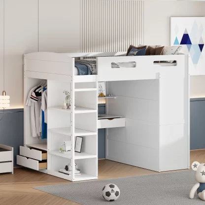 Kumix Loft Bed Full Size with Desk, Wardrobes, 4 Drawers and 4 Shelves, Wood Loft Bed Frame with Full Length Guardrail and Ladder for Kids Teens Adults, Noise-Free, Easy Assembly, White