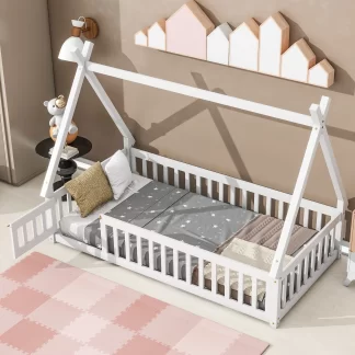 Kumix Floor Bed with Fence Guardrails, Twin Tent-shaped Floor Bed for Kids Boys/Girls, Wood Floor Bed Frame for Toddler 1-3, Low Floor Bed Slat Support, Easy Assembly, Noise-Free, White