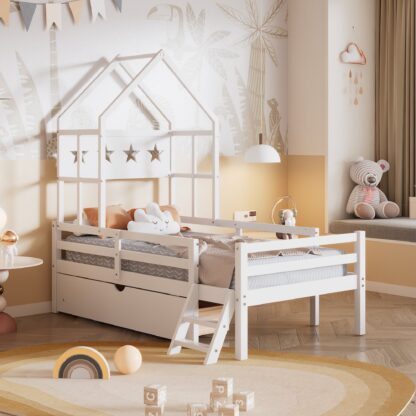 Kumix Platform Bed with Guardrail and Drawer, Slats Supports, Wooden Platform Bed Twin Size House Design for Kids Teens Boys and Girls, Low Beds for Bedroom, No Box Spring Needed, White