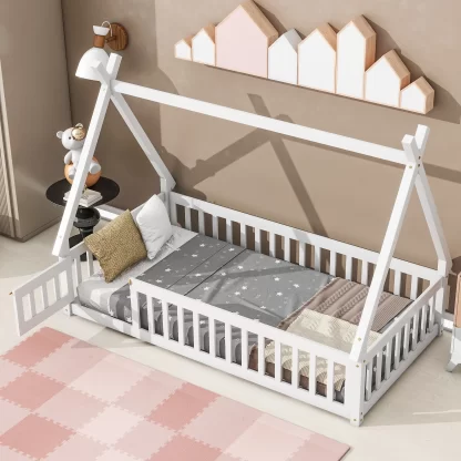 Kumix Floor Bed with Fence Guardrails, Twin Tent-shaped Floor Bed for Kids Boys/Girls, Wood Floor Bed Frame for Toddler 1-3, Low Floor Bed Slat Support, Easy Assembly, Noise-Free, White