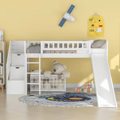 Kumix Loft Bed Twin Size with Slide, Wood Loft Bed with Storage Stairway, Full Length Guardrail for Kids Teens Boys/Girls, Space-Saving Loft Bed for Bedroom, Spacious Under Bed Space, White
