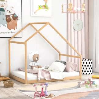 Kumix House Floor Bed with Roof Frame, without Slats, Wooden Full Size Floor Bed for Kids Boys & Girls 1-3 Aged, Toddler Floor Bed for Bedroom, Heavy Duty Full Floor Bed, Noise-Free, Natural