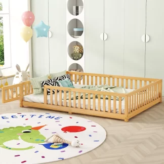 Kumix Floor Bed Queen Size, Toddler Bed for Kids Aged 1-3 with Fence and Door, Solid Wood Bed Frame for Bedroom, Apartment, No Box Spring Needed, Noise Free, Natural
