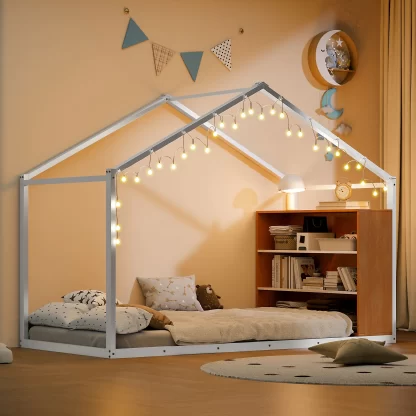 Kumix House Floor Bed with Shelves and Lights, Twin Size Metal Floor Bed Frame with Slats Support and Roof for Kids Teens Boys and Girls, Low Floor Bed for Bedroom, Noise-Free, White