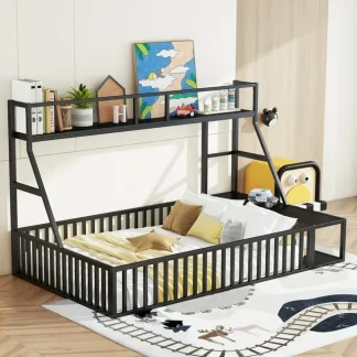 Kumix Floor Bed with Desk and Storage Shelves, Metal Full Size Floor Bed with Safety Fence, Playhouse for Kids, Kids Montessori Floor Bed Frame for Bedroom, without Slats, Easy Assembly, Black