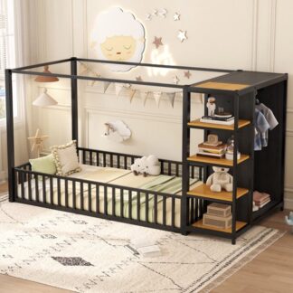 Kumix Floor Bed with Wardrobe and 4-tier Storage Shelves, Metal Twin Size Floor Bed Frame with Fence Guardrail for Kids Teens Adults, Heavy Duty Floor Bed for Bedroom, Easy Assembly, Black