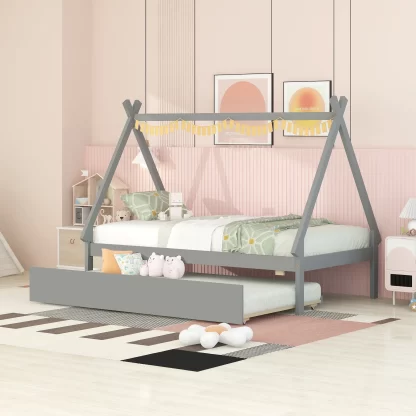 Kumix Twin Size Tent Floor Bed with Pull-Out Trundle, Wood Teepee Bed House Bed with Wooden Slats Support, Triangle Structure Tent Floor Bed Frame for Kids, Toddler Boys & Girls, Easy Assembly, Gray