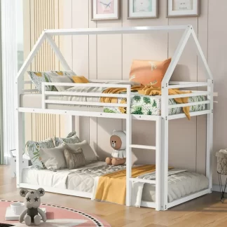 Kumix Bunk Bed Twin over Twin, Metal House Bunk Bed with Roof, Built-in Ladder for Kids Teens Adults, Heavy Duty House Bunk Bed for Bedroom, Dorm, No Box Spring Needed, Noise-Free, White