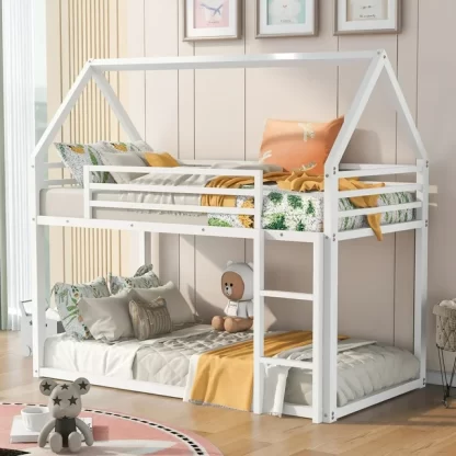 Kumix Bunk Bed Twin over Twin, Metal House Bunk Bed with Roof, Built-in Ladder for Kids Teens Adults, Heavy Duty House Bunk Bed for Bedroom, Dorm, No Box Spring Needed, Noise-Free, White