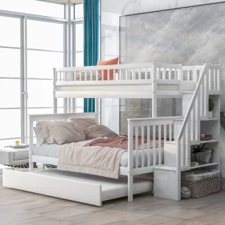 Kumix Bunk Bed with Trundle and Staircase, Wooden Bunk Bed Twin over Full with Full-Length Guardrail and Ladder for Kids Teens Adults, Noise-Free Bunk Bed for Bedroom, Easy Assembly, White