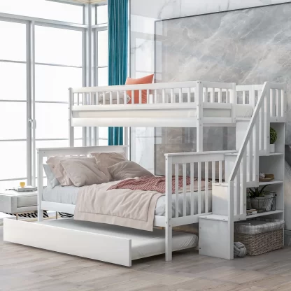 Kumix Bunk Bed with Trundle and Staircase, Wooden Bunk Bed Twin over Full with Full-Length Guardrail and Ladder for Kids Teens Adults, Noise-Free Bunk Bed for Bedroom, Easy Assembly, White