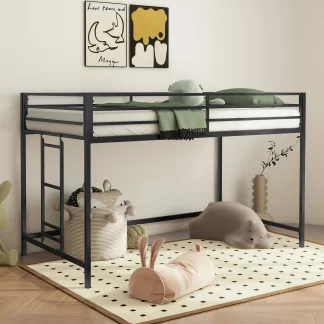 Kumix Loft Bed Twin Size, Metal Loft Bed with Easy Climbing Ladder and Guardrails, Large Under Bed Space, Twin Loft Bed for Kids, Teens Adults, Space Saving, Loft Bed Frame for Bedroom, Black