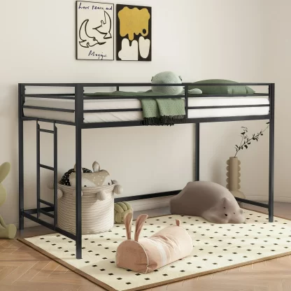 Kumix Loft Bed Twin Size, Metal Loft Bed with Easy Climbing Ladder and Guardrails, Large Under Bed Space, Twin Loft Bed for Kids, Teens Adults, Space Saving, Loft Bed Frame for Bedroom, Black