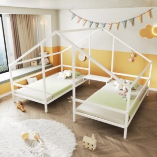 Kumix Platform Beds with Built-in Table, Metal Triangular House Platform Bed Twin Size with Slats Support and Roof for Kids Teens Adults, Two Shared Platform Bed for 2, Noise-Free, White