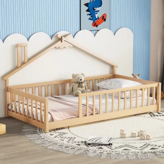 Kumix Toddler Floor Bed with House-Shaped Bedside, Fence Guardrails, Slats, without Door, Wooden Twin House Floor Bed for Kids Boys/Girls, No Box Spring Needed, Noise-Free, Easy Assembly, Natural
