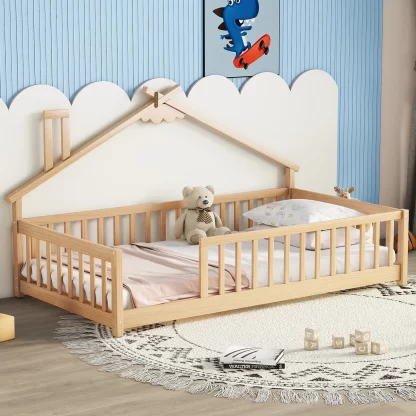 Kumix Toddler Floor Bed with House-Shaped Bedside, Fence Guardrails, Slats, without Door, Wooden Twin House Floor Bed for Kids Boys/Girls, No Box Spring Needed, Noise-Free, Easy Assembly, Natural