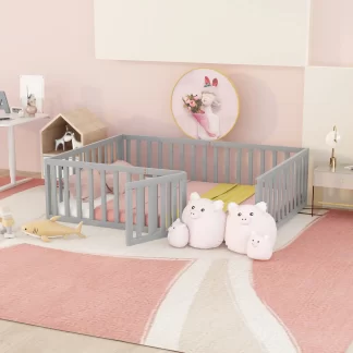 Kumix Full Floor Bed for Kids with Fence and Door, Wood Floor Bed Frame for Toddler 1-3 Aged, Noise-Free Low Floor Bed for Bedroom, Dorm, No Weight Capacity Limit, Easy Assembly, Gray