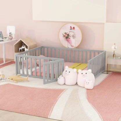 Kumix Full Floor Bed for Kids with Fence and Door, Wood Floor Bed Frame for Toddler 1-3 Aged, Noise-Free Low Floor Bed for Bedroom, Dorm, No Weight Capacity Limit, Easy Assembly, Gray
