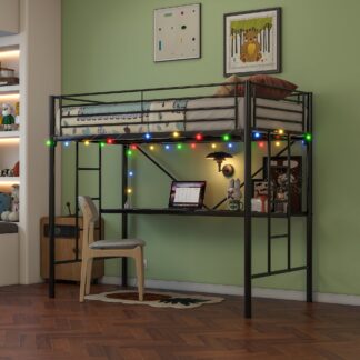 Kumix Loft Bed Twin Size, Metal Loft Bed with Desk, Power Outlet and LED Lighted for Kids Teens Adults, Twin Loft Bed with Safety Guard & Ladder for Bedroom, No Box Spring Needed, Black