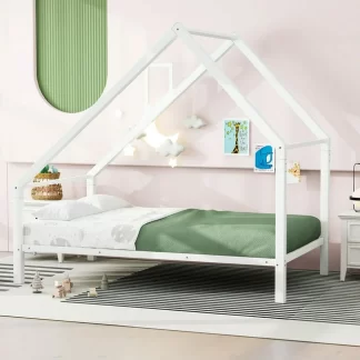 Kumix House Floor Bed with Roof and Chimney, Twin Size Metal Floor Bed with 20 Slats Support for Kids Teens Adults, Spacious Under Bed Space, Heavy Duty Floor Bed for Bedroom, Noise-Free, White